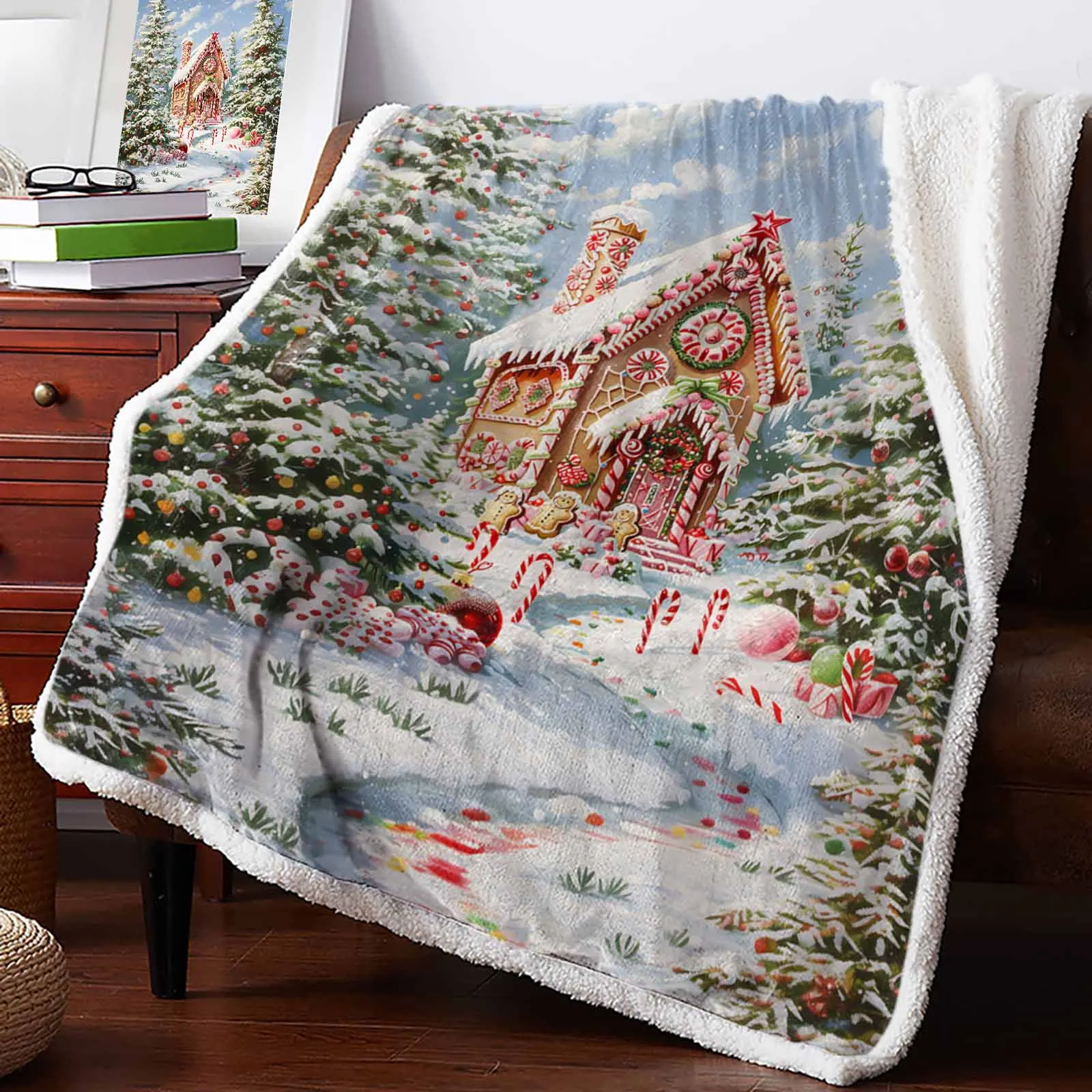 Christmas Snow Scenery Evergreen Tree Candy House Winter Warm Cashmere Blanket Office Sofa Soft Throw Blanket Kids Bed Bedspread