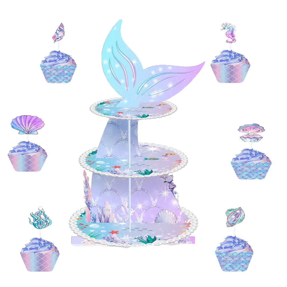 3-Layers Cupcake Stand Party Decorations Mermaid Theme Cake Rack Wrappers Toppers Party Eyewear Cookie Tray For Birthday Wedding