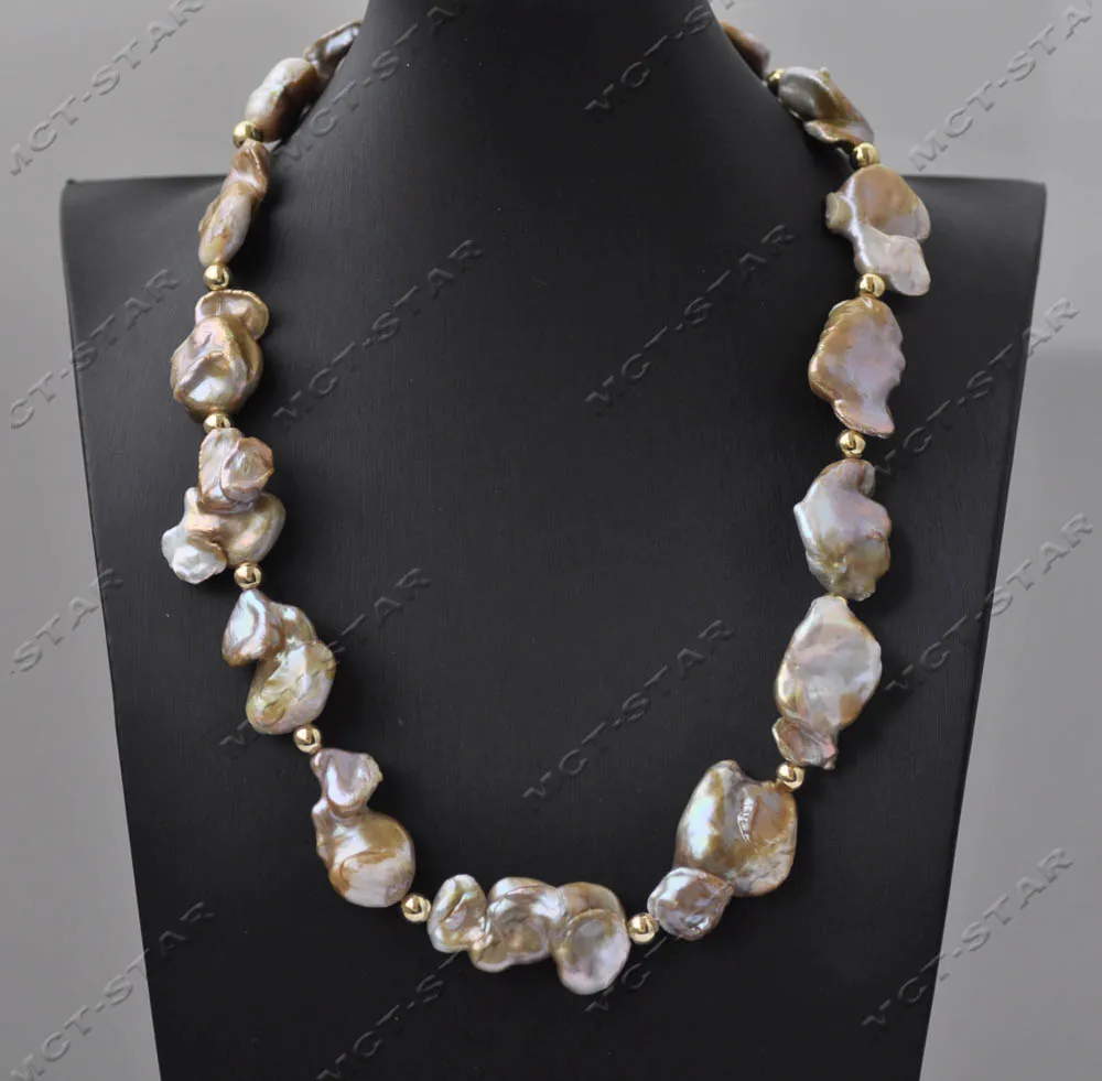 

MTC·STAR Z13352 20" 33mm Gold-Lavender Baroque Lamina Keshi Pearl Gold Plating Bead Necklace Custom Jewelry