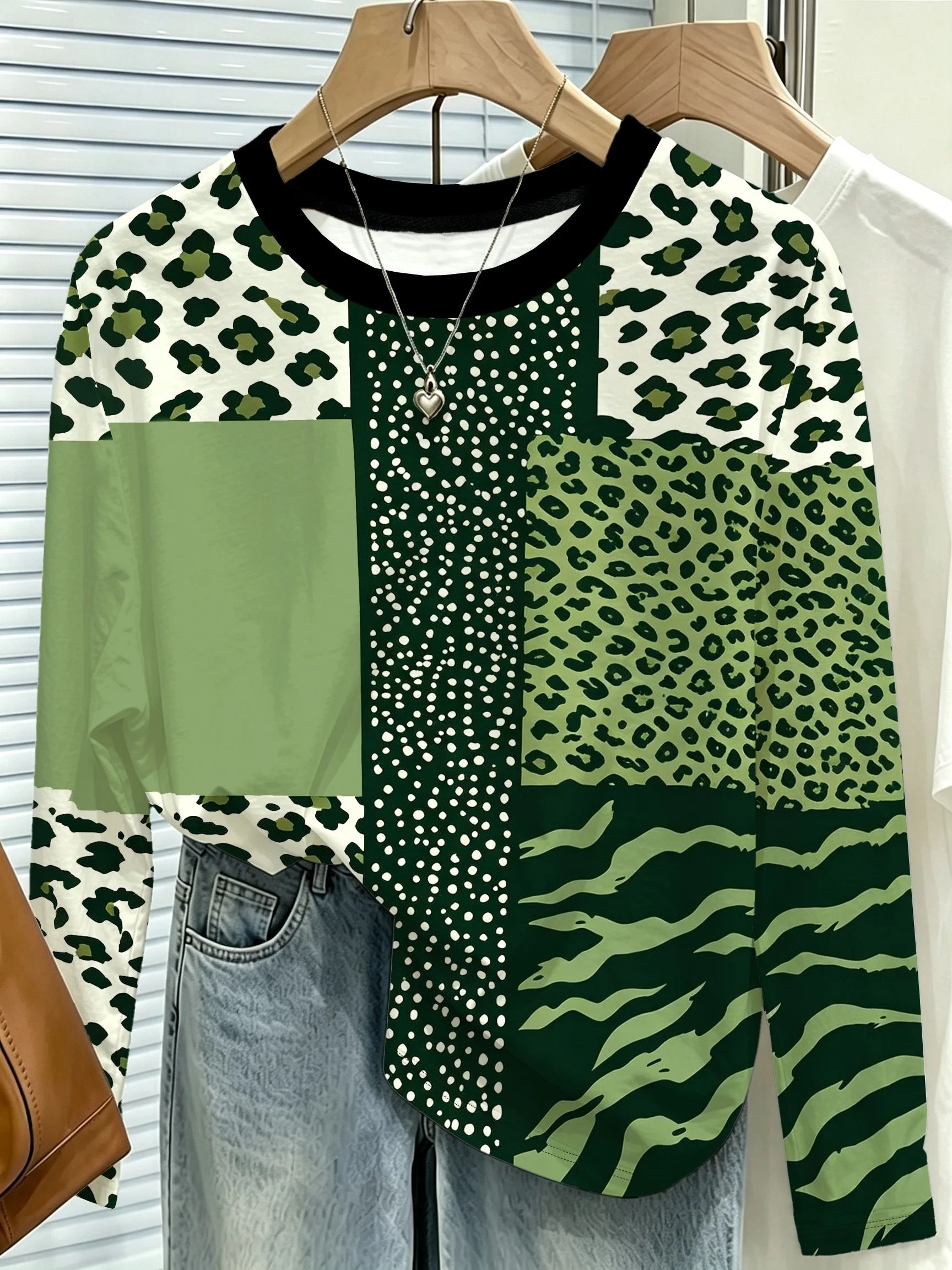 Women Long Sleeve Tshirts 3D Print Patchwork Animal Leopard Tiger Spot Round Neck Daily Casual Tops Clothes