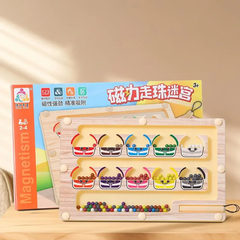 Montessori Magnetic Color Sorting Game Maze Board Pen Moving Beads Wooden Sensory Educational Toy for Guide Kids