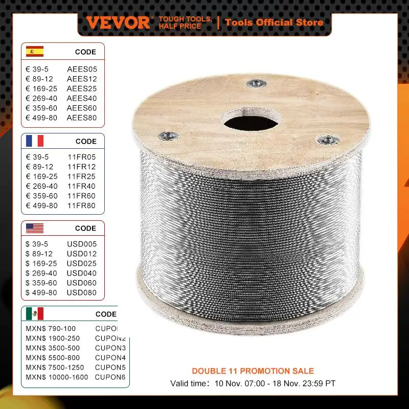 VEVOR 500 Chân Thép Không Gỉ Dây Cáp Thép Không Gỉ 316 Dây 1/8Inch - 1510lbs Phá Cường Lực 7X7 Xây Dựng Cho Nhà DIY