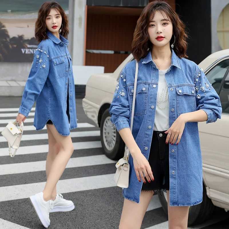 

Синий свободный крой с воротником-стойкой, джинсовая женская модная универсальная корейская одежда, осень-зима, Новое поступление, повседневная верхняя одежда