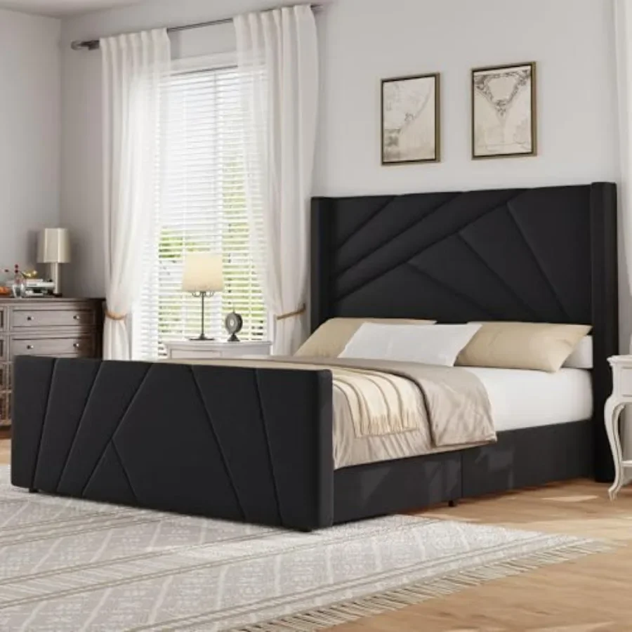 Bed Frame with Geometric Wingback Headboard for bedroom use, metal frame in matte black finish, featuring modern minimalist des
