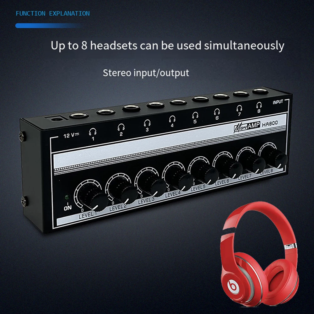 HA800 Ultra-Compact Audio Amplifier 8 Channels Mini Stereo Headphone Amplifier With Power Adapter EU US Plug Adapter Amplifiers