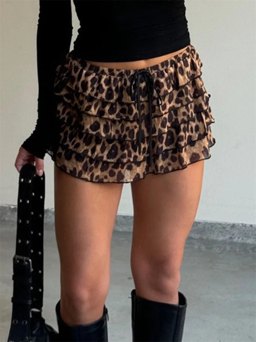 Women Summer y2k Fairy Mini Skirts Casual Leopard Print Layered Ruffles A-Line Skirts for Beach Vacation Club Streetwear