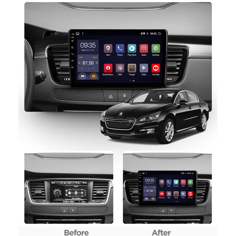 9 Inch Android Car Navigation for Peugeot 508 2011‑2018, Touch Screen, Plug and Play, Wireless CarPlay Android Auto