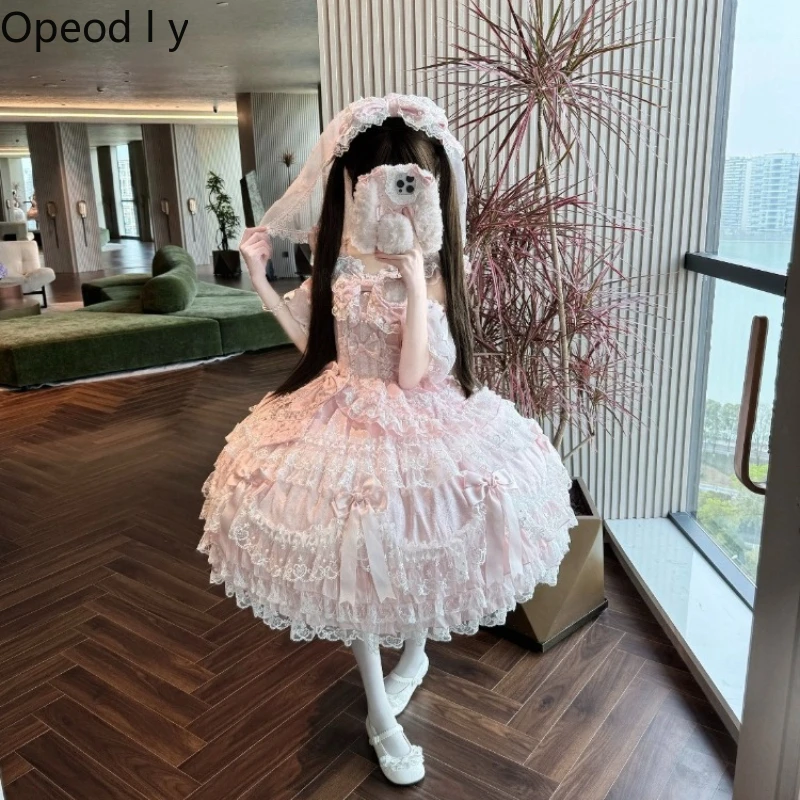 

Gorgeous Heavy Industry Japanese Original Design Lolita Jsk Suspender Dress Sweet Cute Lace Bow Princess Fluffy Dress for Woman