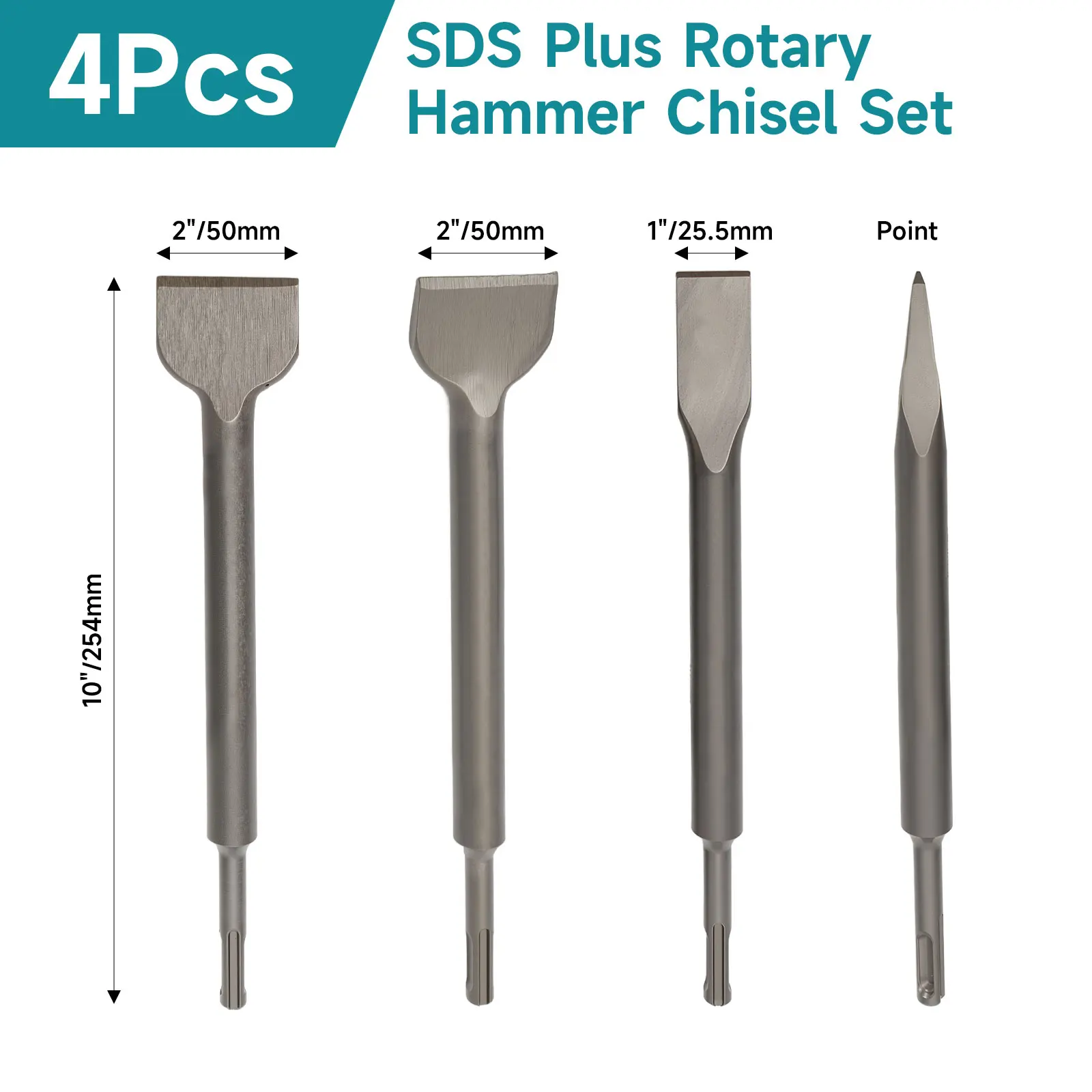 4-Piece SDS Plus Hammer Drill Chisel Set for Masonry, Tiles, Concrete & Brick – Includes Pointed, Groove, and Flat Tools