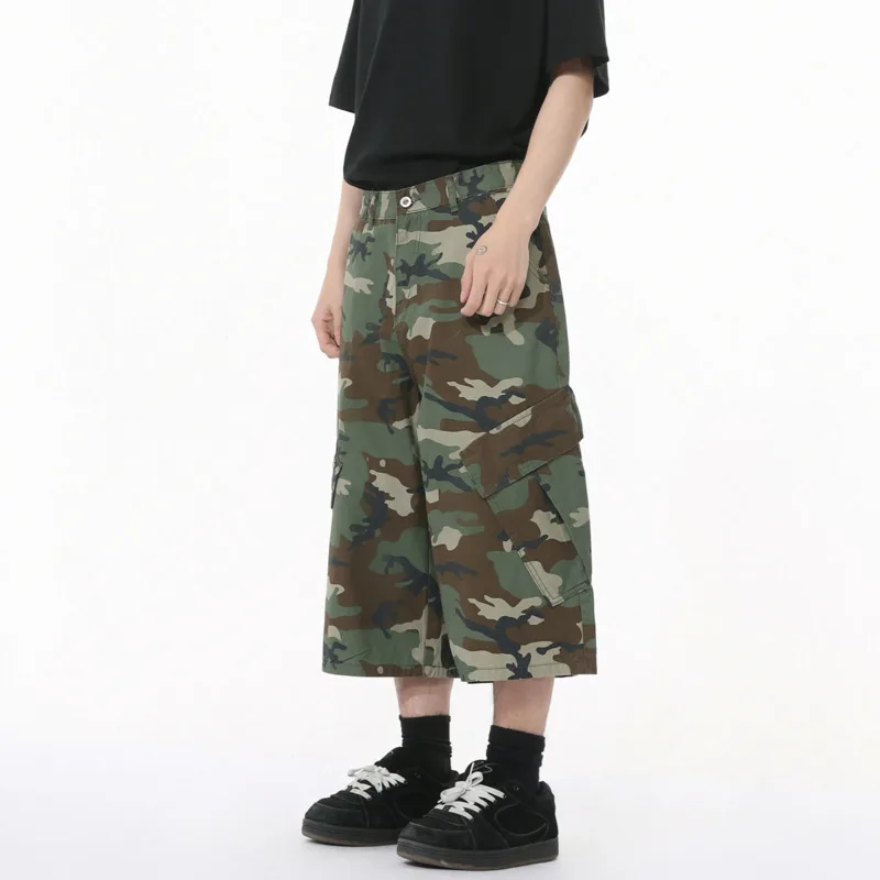 

American Style Men's Jeans Camouflage Side Pockets Patchwork Casual Straight Wide Leg Baggy Male Denim Shorts Summer