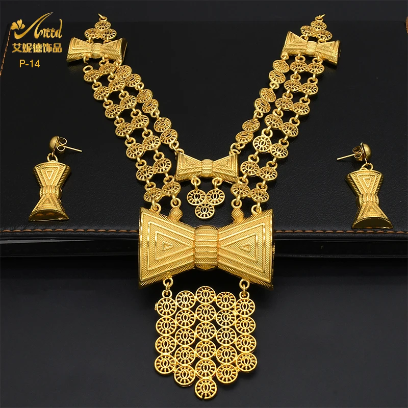 ANIID Indian 24K Gold Plated 2PCS Sets Necklace Earrings For Women Moroccan Nigerian Fashion Bridal Wedding Jewelry Set Gifts