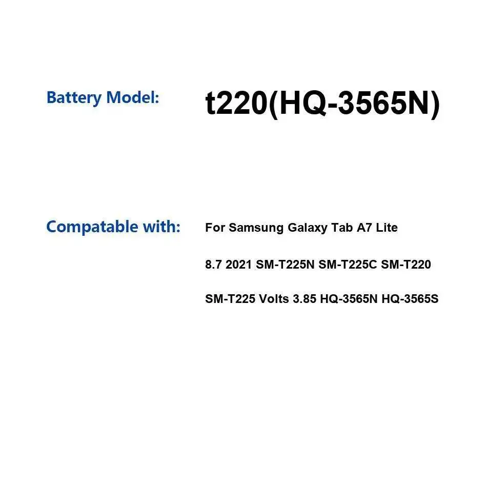 

Аккумулятор для планшета T220 HQ-3565N 4900 мАч для Samsung Galaxy Tab A7 Lite 8,7 2021 SM-T225N SM-T225C SM-T220 SM-T225 HQ-3565S