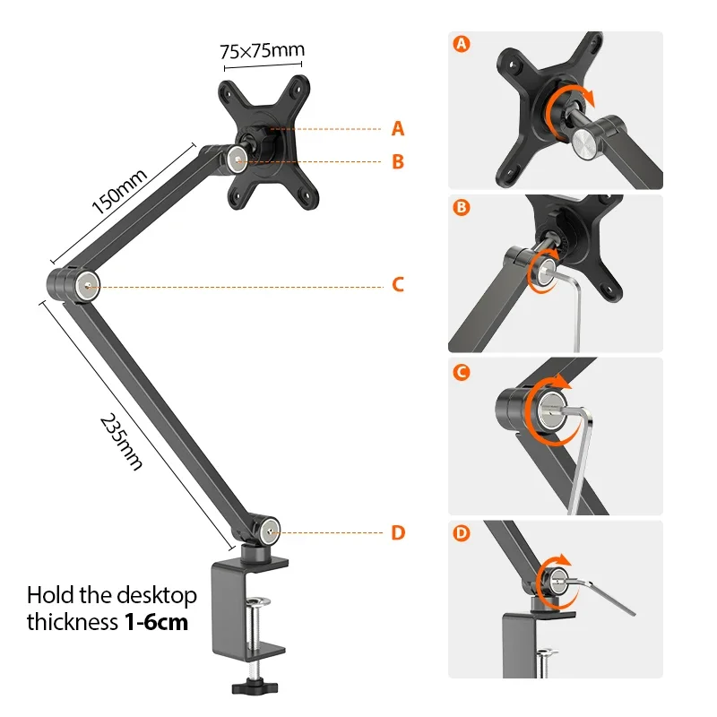 Imagem -05 - Suporte de Mesa para Monitor Portátil Suporte de Liga de Alumínio 75*75 para Tela de 718 Polegadas Rotação de 360 Graus Altura e Ângulo Ajustáveis