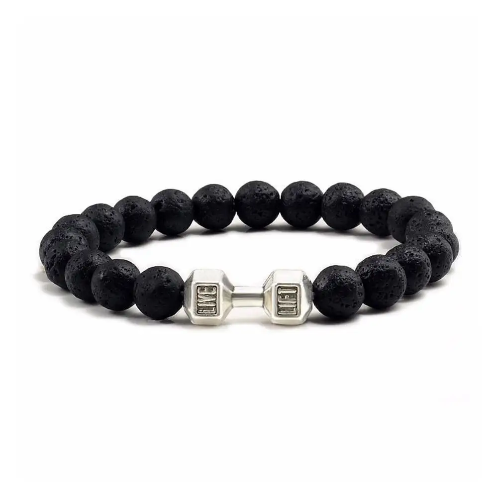 Natural Black Volcanic Lava Stone Dumbbell Bracelet Black Matte Beads Bracelets Fitness Barbell Jewelry Pulseras For Women