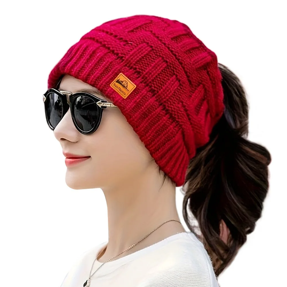 

Модные вязаные крючком зимние шапки с хвостиком, теплые вязаные шапки, шапка с защитой ушей, утепленная женская шапка, женская шапка