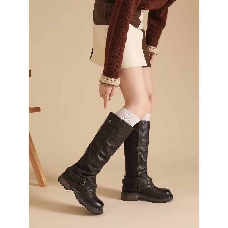 المرأة الركبة عالية كعب سميك المألوف الشرير القوطية جديد روك الجلود المألوف أحذية نسائية دراجة نارية أحذية مريحة #5