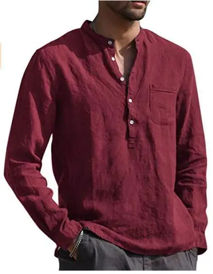 Plus Size Men Shirt Cotton Linen Hot Sale Men\'s Long-Sleeved Shirts Summer Solid Color Stand-Up Collar Casual Beach Style