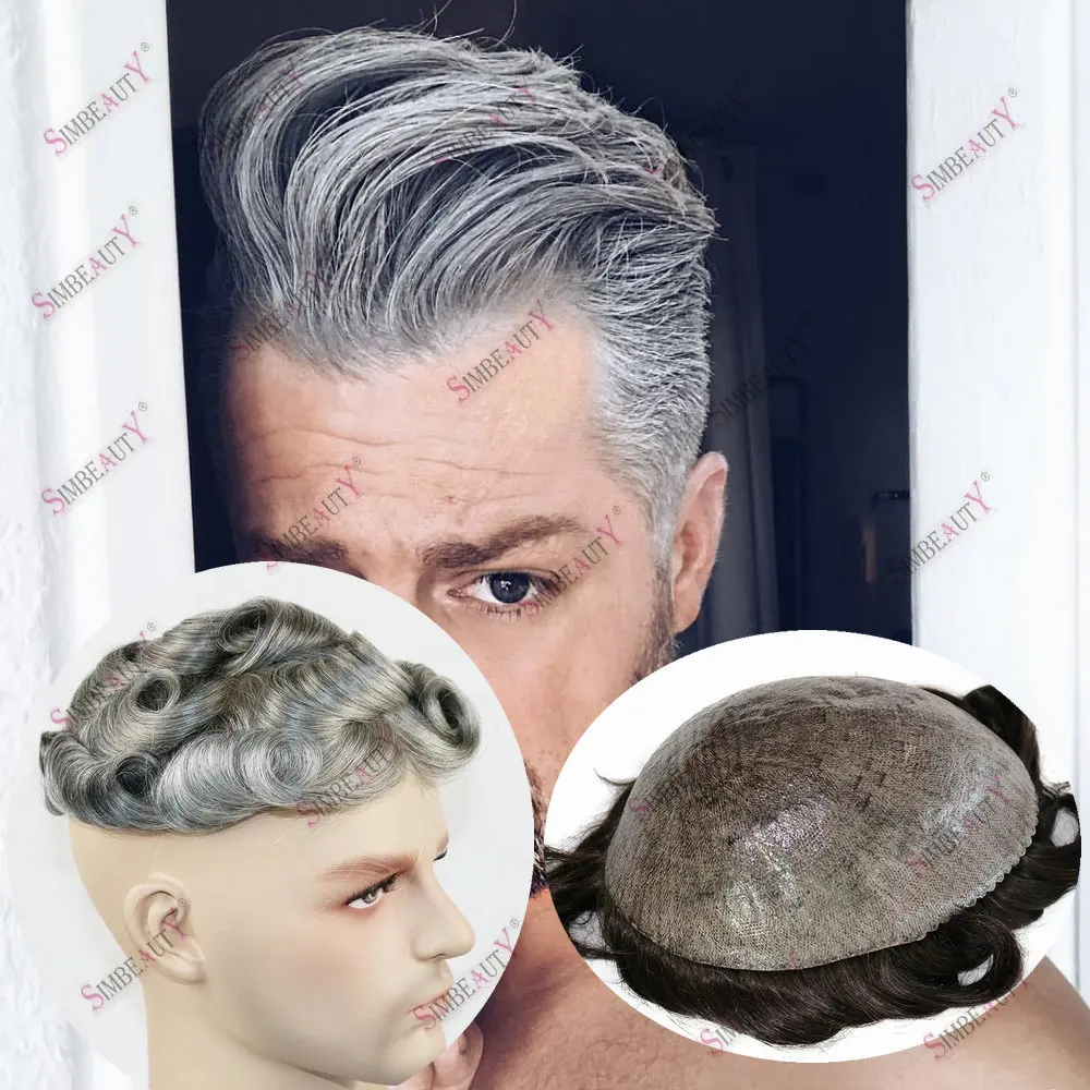 

Men’s 1B65#1B80# Grey Black Toupee Human Hair Men Capillary Prothesis Hair Wig Male 0.1mm Injection Full Skin PU System Hair Wig