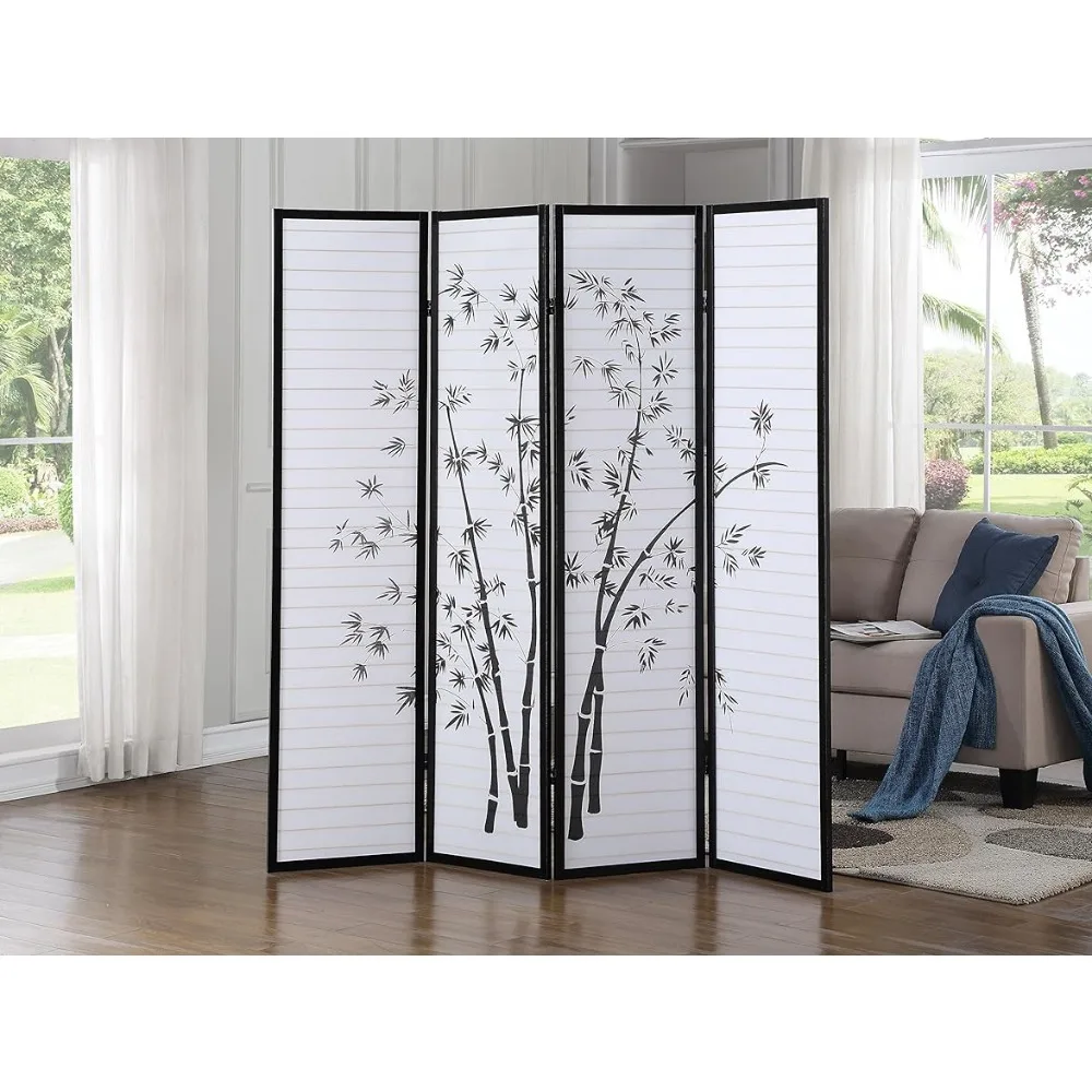 Print 4-Panel Framed Room Screen/Divider, white, for Creating Privacy in Small Spaces, Frame Made of Wood in Black Finish