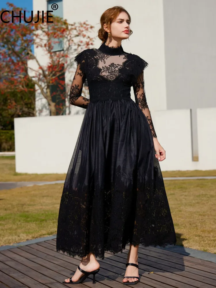 

CHUJIE Women's Dress lace patchwork high waist long sleeve elegant party dresses 2025 Spring New