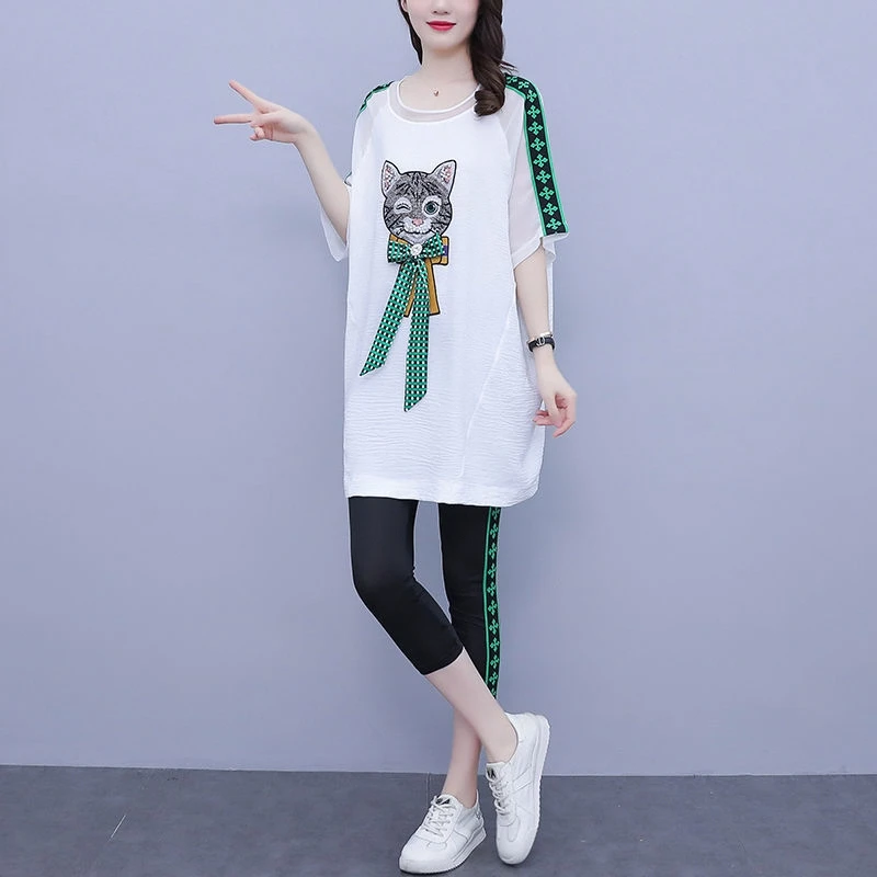 

Casual Embroidered Loose Short Sleeve Women's Set Summer New Style Stitching Knot Versatile Seven Pants Two Pie...