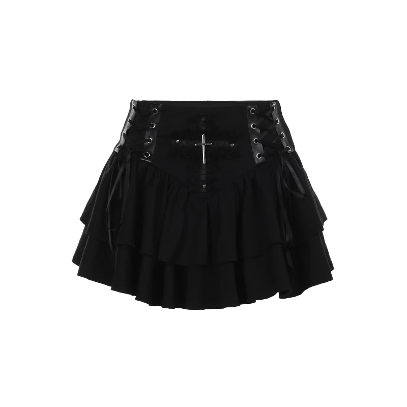 Y2K Gothic Black Lace Trim Cross Lace-up Mini Skirt Vintage Sexy Punk A-Line Layered Short Skirts Women Summer Autumn Streetwear