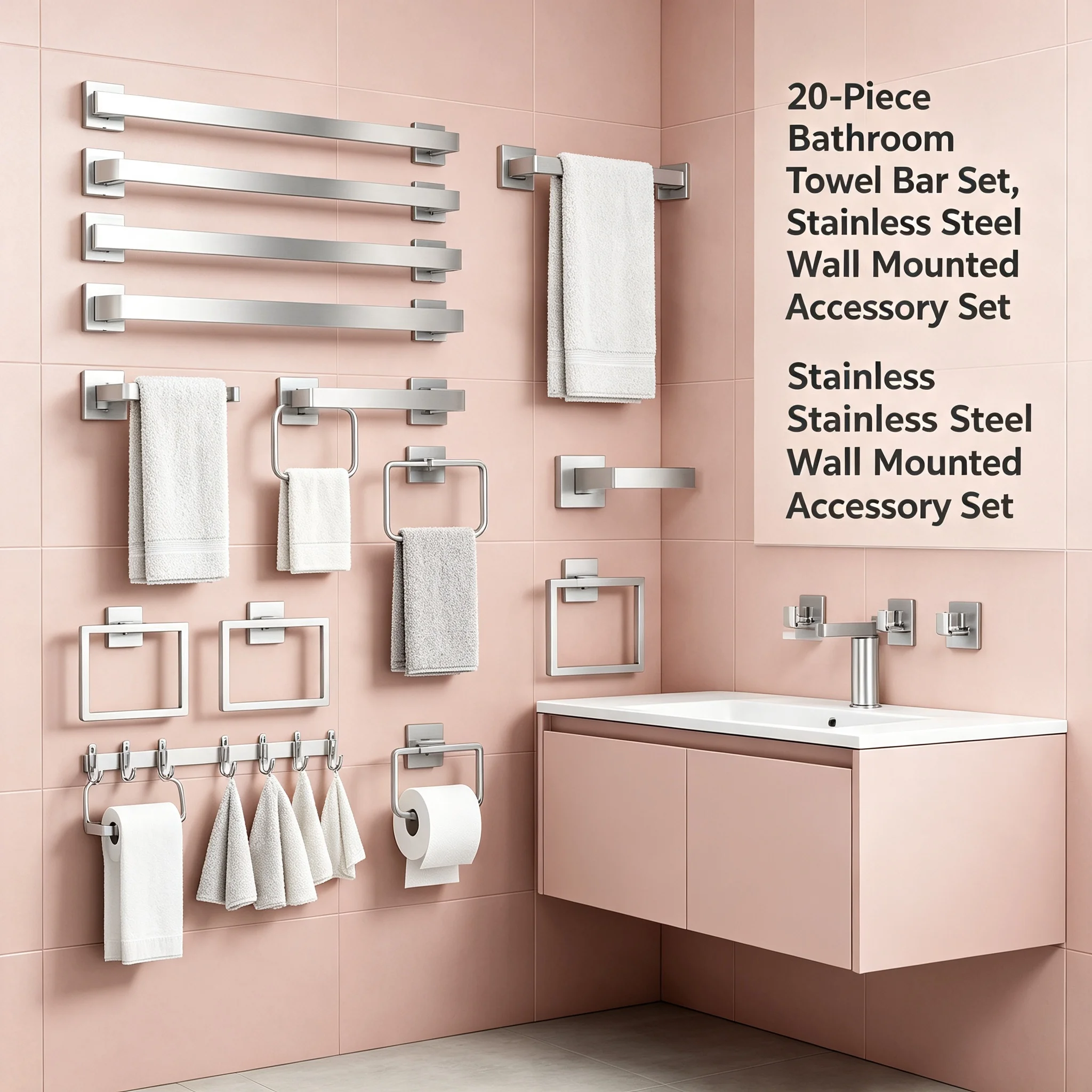 20-Piece Bathroom Towel Bar Set, Stainless Steel Wall Mounted Towel Ring & Hook Set for Bathroom, Silver