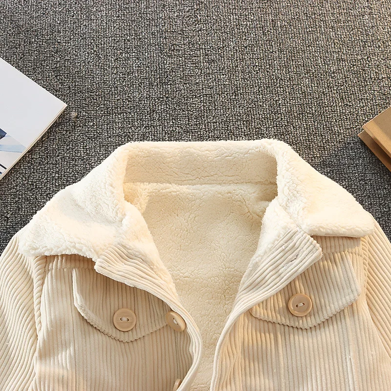 Unisex Winter-Wärmemantel für Kleinkinder Retro Cordstoff Flauschig Sherpa-Gefüttert Fleecekragen Knopfverschluss Vorne Kinderjacke – Detail 13