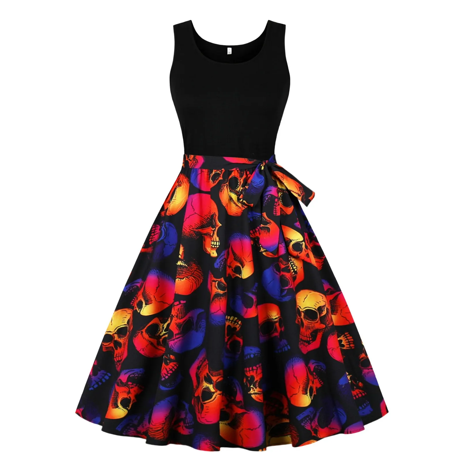 

Women Halloween Dresses Print Crew Neck Sleeveless Fashion Mixed Colors Dress With Waistband Loose Swing Casual Party Dress