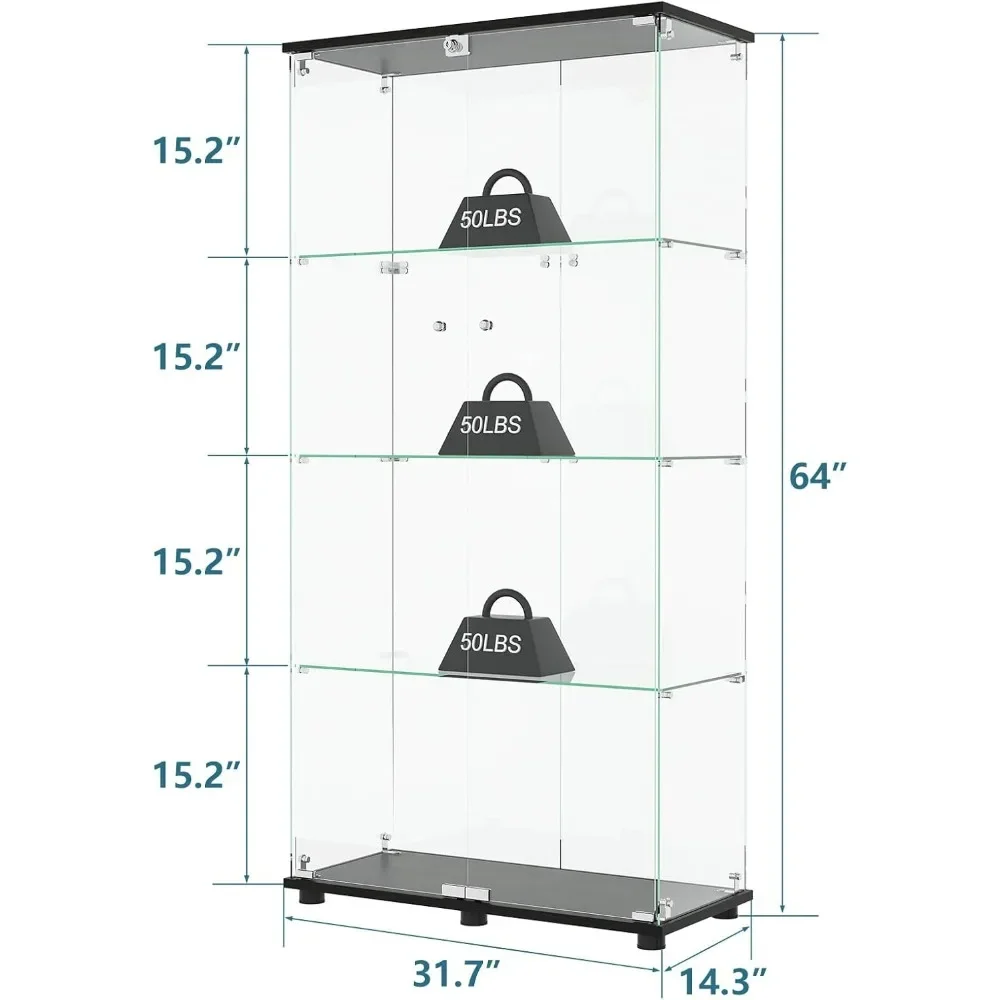 Glass Display Cabinet with 4-Shelf Double Doors and Lock, Curio Cabinet 5mm Tempered Glass for Living Room, Bedroom,Office,Black