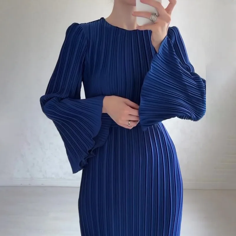 Women\'s Elegant Slim Fit High Waist Pleated Dress 2024 Spring Autumn New Dress Women\'s Flared Sleeves Round Neck Ruffles Dress