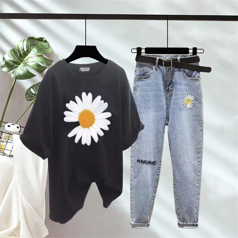 Summer New Elegant Women's Pants Set Daisy Loose Short Sleeve T-shirt Vintage Jeans Two-piece Set Female Trousers Tops