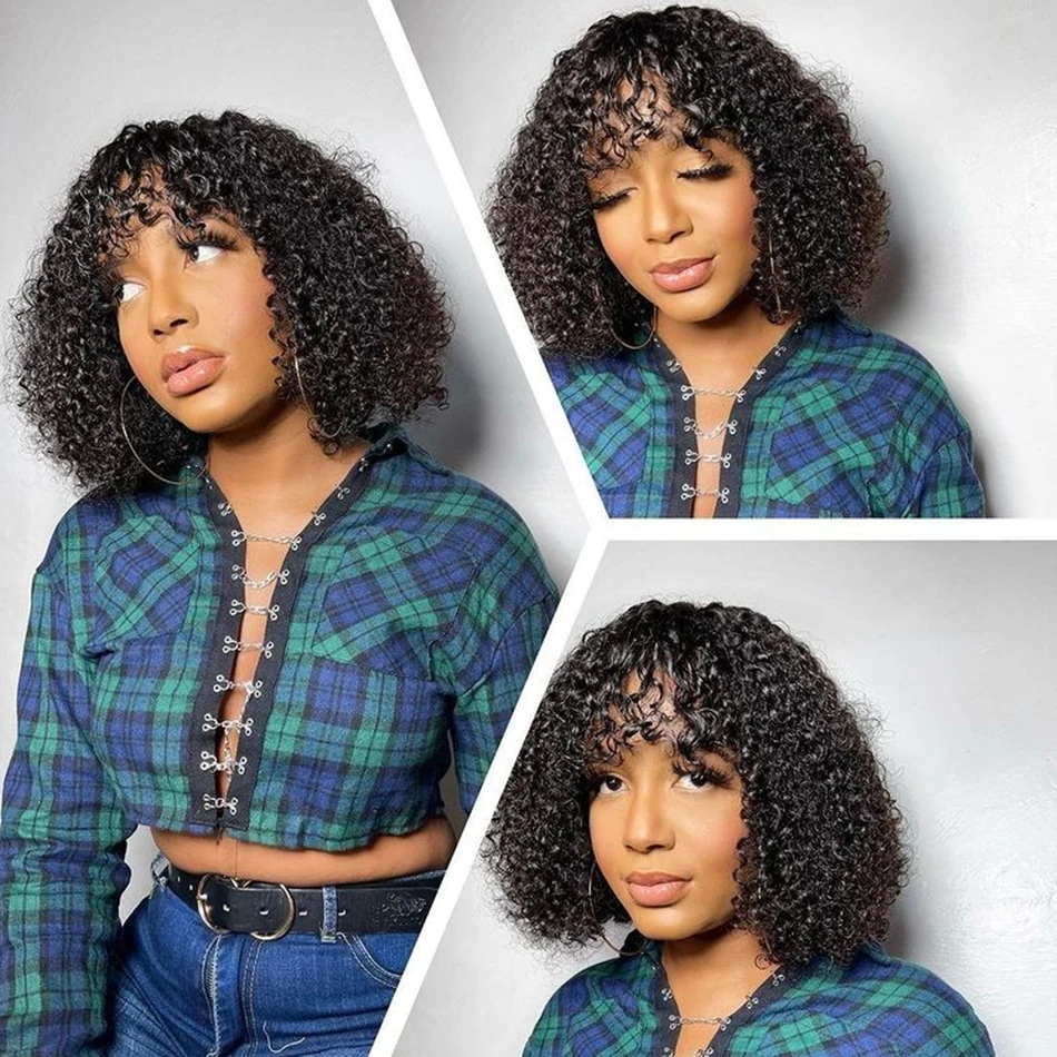 Afro Kinky Curly Human Hair Wig With Bangs Brazilian Hair Human Natural Afro Wig 180% Density Human Hair Wigs For Women On Sale