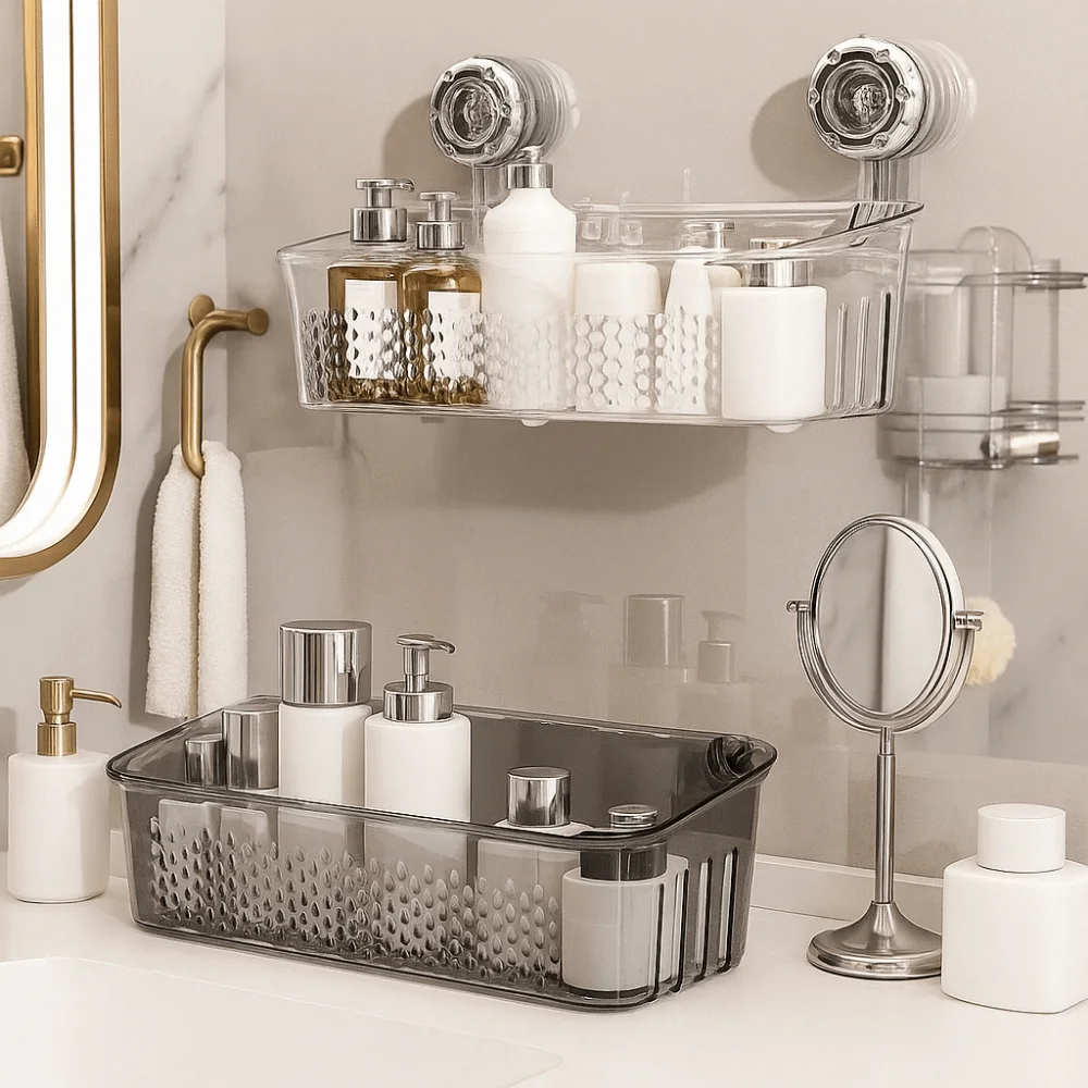 

Plastic Suction Cup Shower Rack Large Capacity Space Saving Wall Mounted Storage Rack Removable Waterproof Cosmetic Storage Box