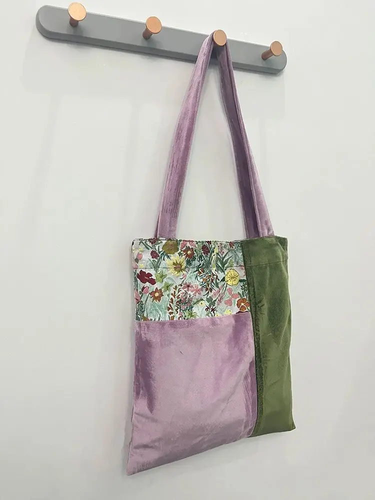 Flower Patchwork Velvet Vintage Casual Handbag Tote Bags Women Commute Shoulder Bag