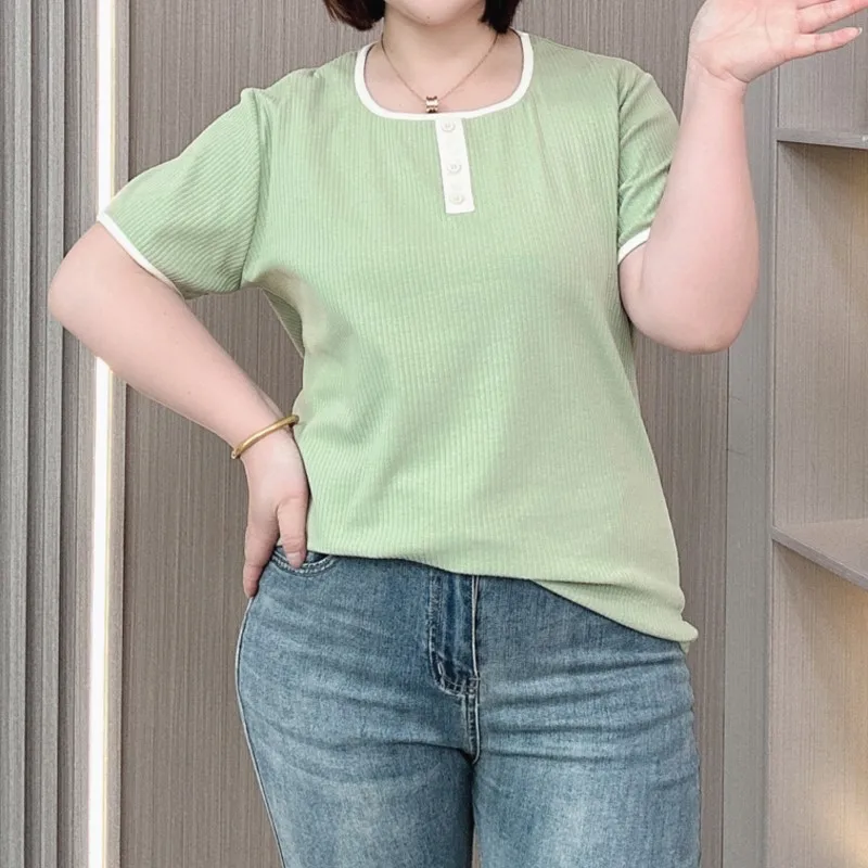 Thread Square Neck Shoulder Short Sleeve T-shirt Women Summer 2024 New Plus Size Matching Color Tops