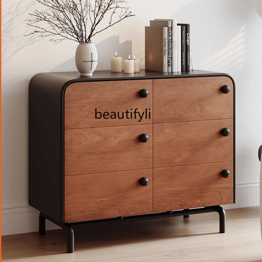 Medieval solid wood dining side cabinet, living room against the wall, three-bucket   bedroom, walnut retro storage cabinet