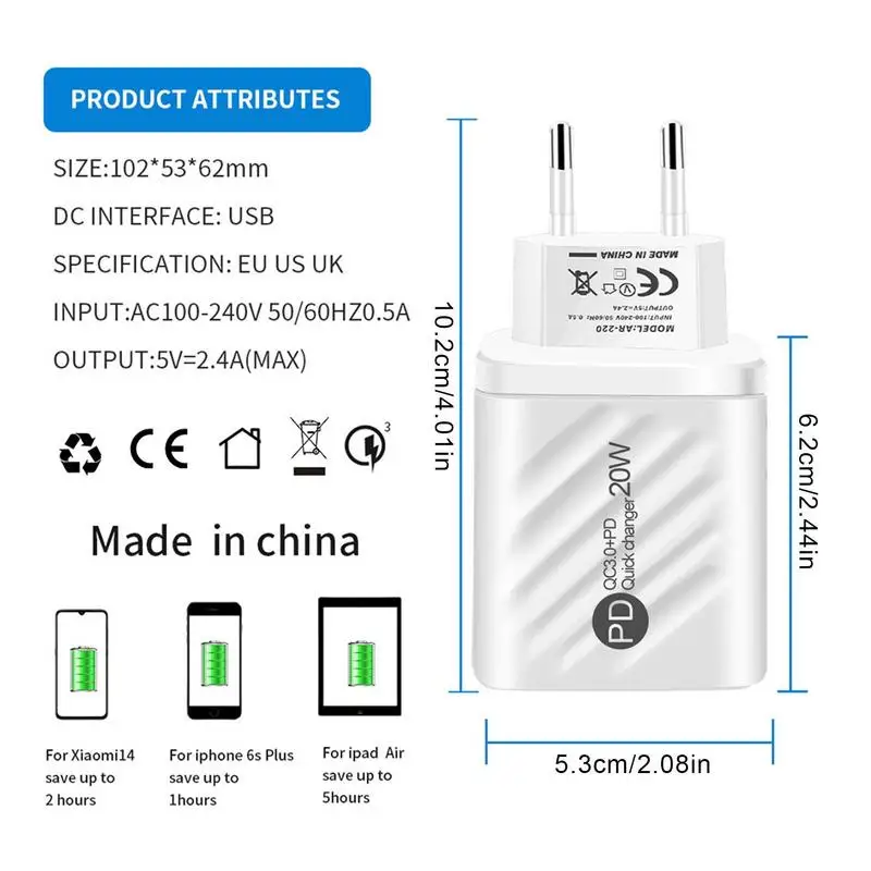 USB Wall Plug Adapter Dual Port Type C USB Block Adapter With Digital Display Dual Port Wall Charger For Trip Business Traveling