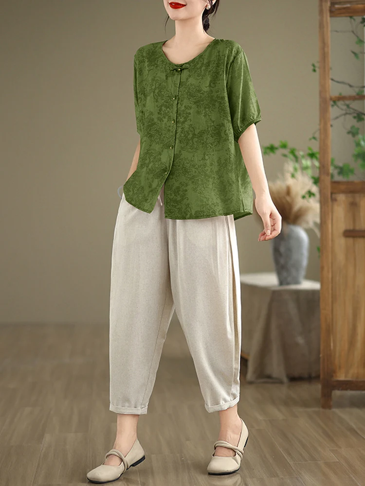 

New Chinese Style Mom Youthful Print V-Neck Cotton Linen Shirt Harlan Pants Casual Linen Two-Piece Set Women Summer Fashion