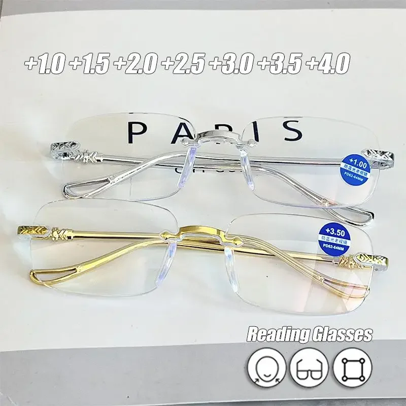 

1/2Pcs +100~+400 Rimless Anti Blue Light Vintage Square Frame Reading Eyeglasses For Men Women Farsighted Glasses