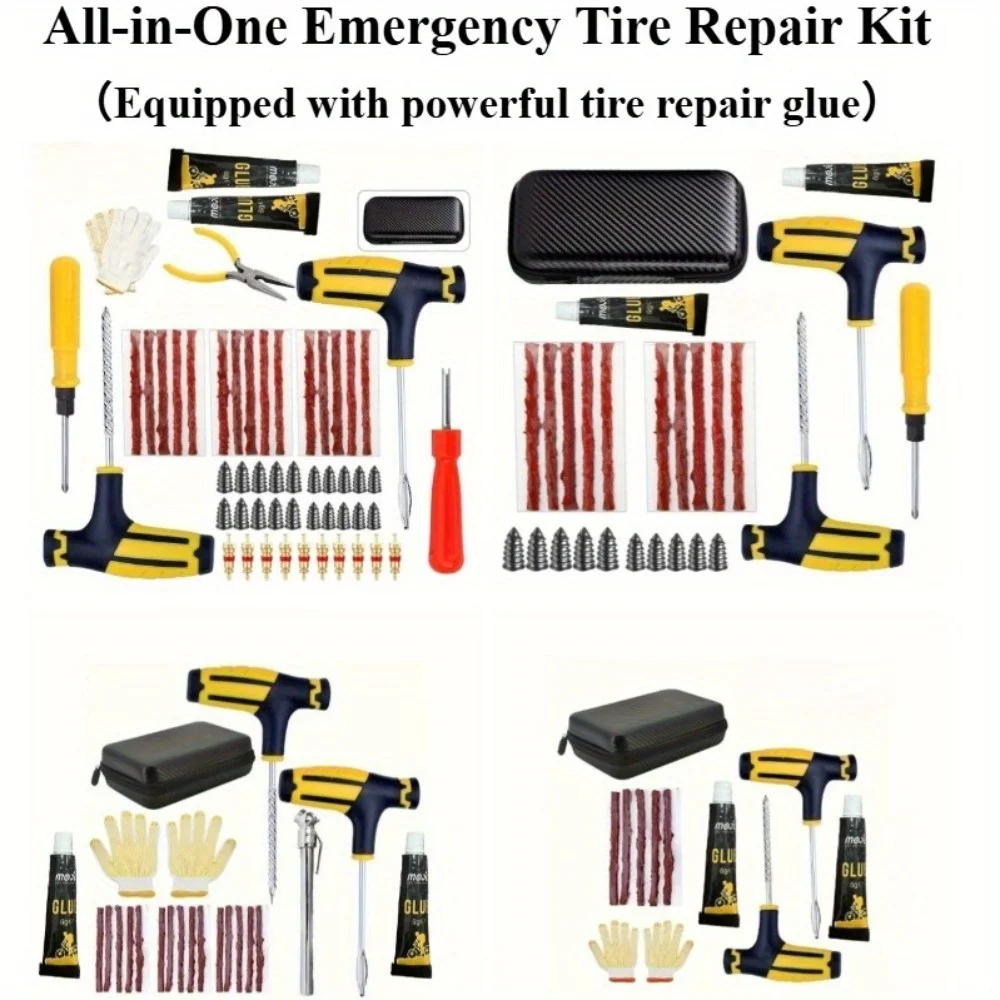 All-in-One Emergency Tire Repair Kit - Strong Glue, Heavy-Duty Rubber Strips & Insertion Tools - Fixes Punctures