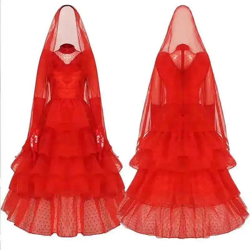 

Lydia Deetz Costume with Gloves Scarf Lydia Women Wedding Dress Gothic Red Gown Halloween Outfits with Veil Beetle Bride Cosplay