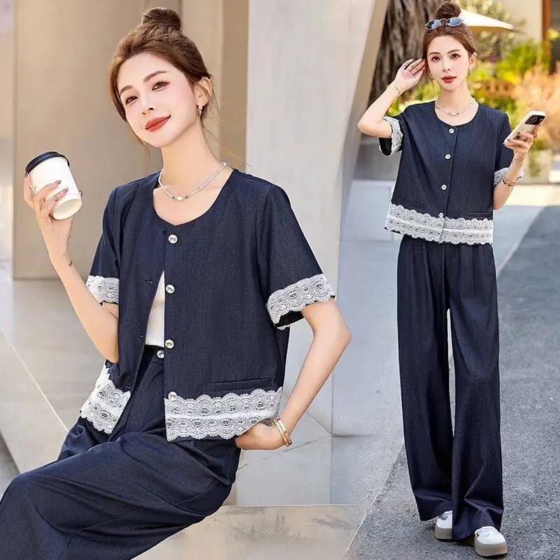 

Trendy Lace Patchwork Women's Set Spring Summer New Style Elegant Small Fragrance Wind Top Wide Leg Pants Two Piece Set
