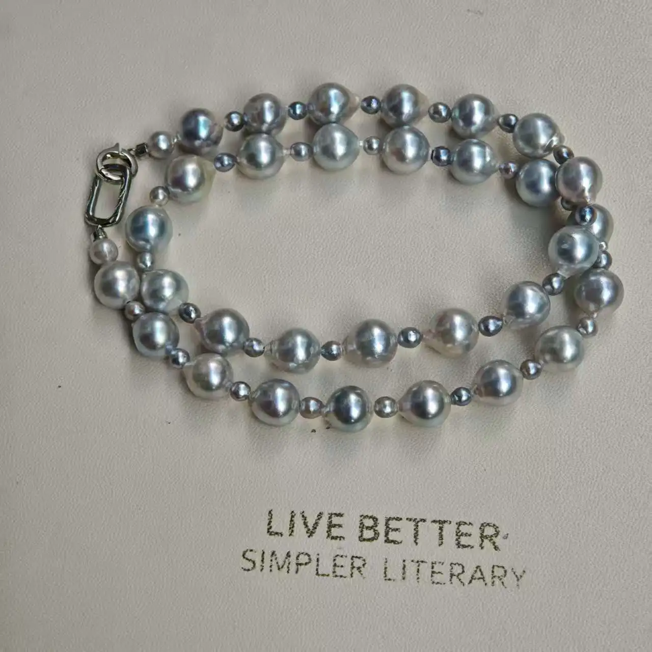 Natural Akoya Silver Gray Baroque Pearl Necklace, Mixed Size Design 8-9mm & 4-5mm, 925 Silver Clasp Unique Jewelry Gift