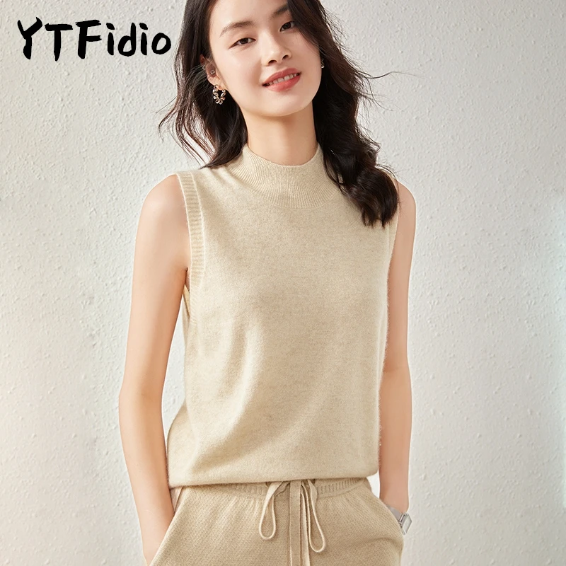 YTFidio Cashmere Wool Women Bottom High Neck Vest Mock Collar Casual Warm Knitted Vest Tops Office Lady Solid Turtleneck Tank 62