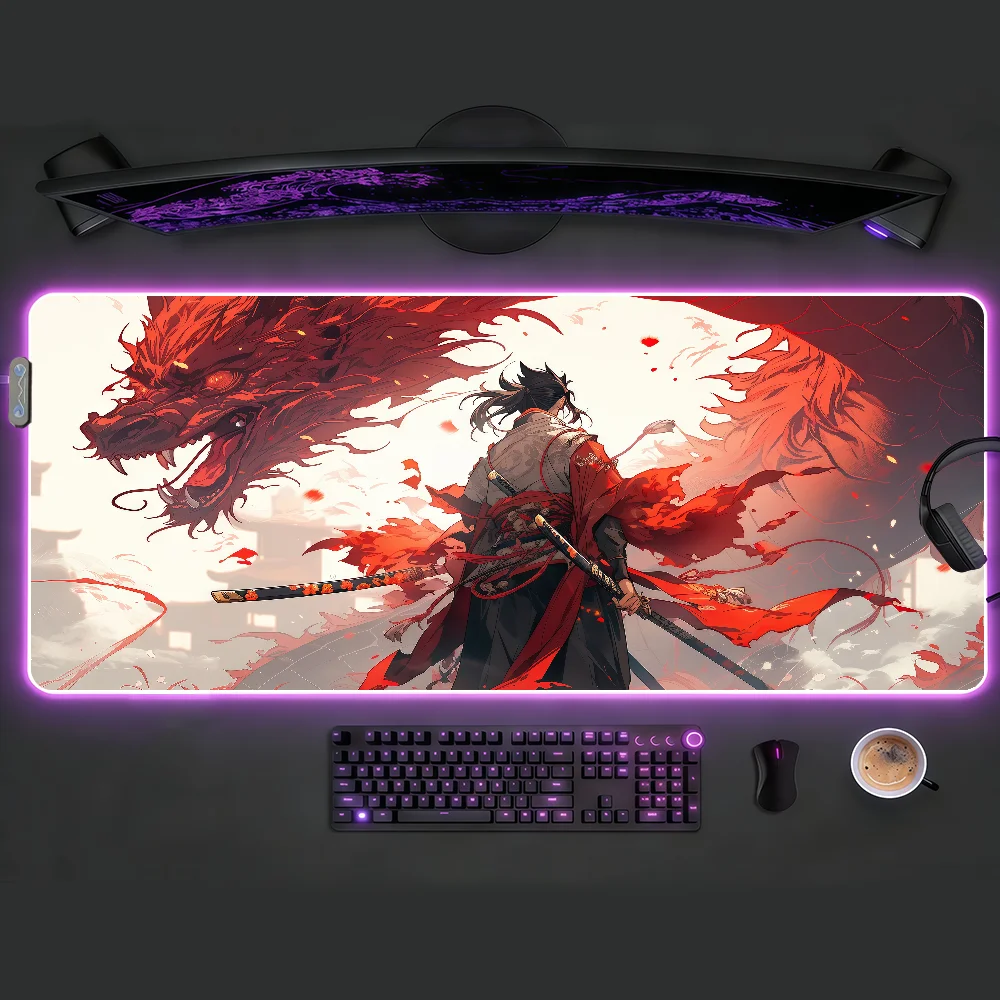 

Anime Red Dragon Mouse Pad LED Table Pads Backlit Non-slip Rubber Desktop XXL RGB Desk Mats Surface Waterproof