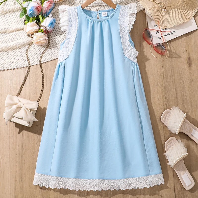 

Light Blue Kids Dress For Girls O-Neck Sleeveless Korean Style Casual Girls Dress Summer 8-12 Years Sweet Style