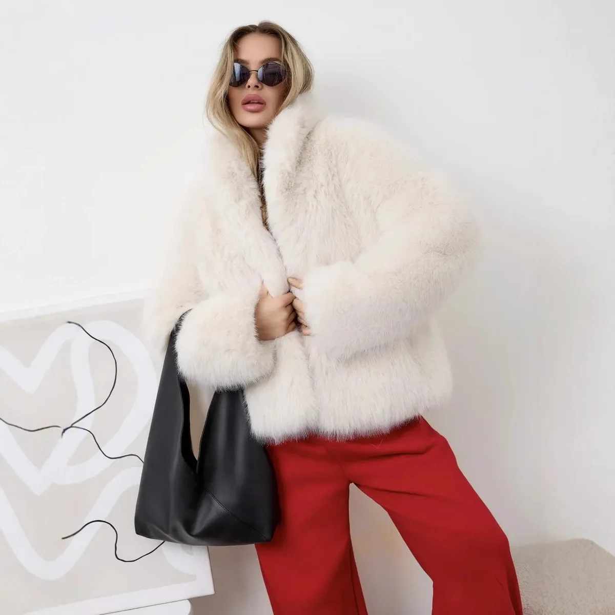 Women Faux Fox Fur Coats Solid Short Overcoat Stand Collar Long Sleeve Open Stitch Thick Loose Elegant Casual Autumn Winter 2025