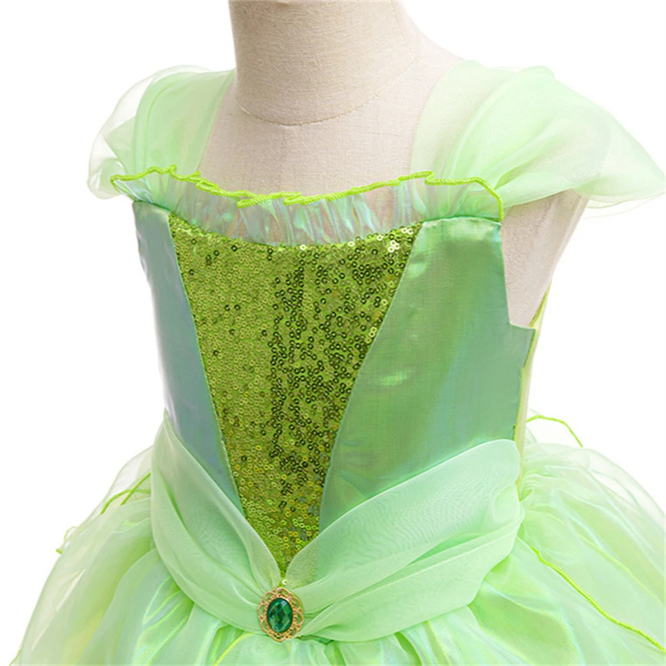 Disney Tinker Bell Tutu Dress Kids Cosplay Green Flower Fairy Elf Wings Children Luxury Elf Cosplay Costume Gift Halloween Cloth