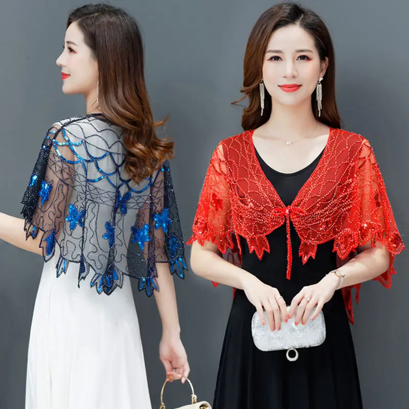 

Весна-лето 2023, женские сетчатые универсальные накидки, блестки, популярная сетчатая искусственная мода, женские плащи, пончо черного и синего цветов